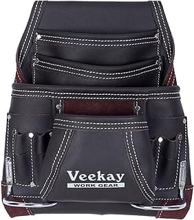 VEEKAY 10 Pockets Men Resin Finish/Oil Tanned Leather Tool Pouch White and Brown Bags Fastener Carpenter's Nail, Tool Heavy Duty Steel Hammer Loop, Belt Loop for Electrician Technician Installers