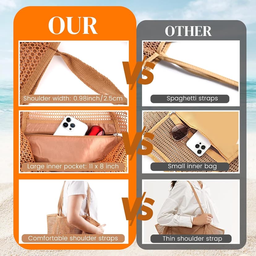 HOHOM Beach Bags for Women, Summer Travel Mesh Tote Bag with Large Inner Pocket, Sandproof Woven Shoulder Handbag