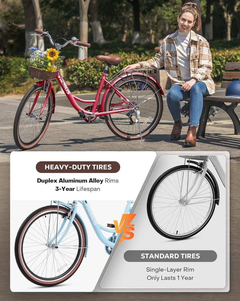 VIRIBUS Womens Cruiser Bike, 7 Speed Beach Cruiser Bike for Women, 26 inch Women Bicycle with Rattan Basket, City Commuter Vintage Retro Step Through Bicycle for Female Ladies Seniors, 330 Lb.