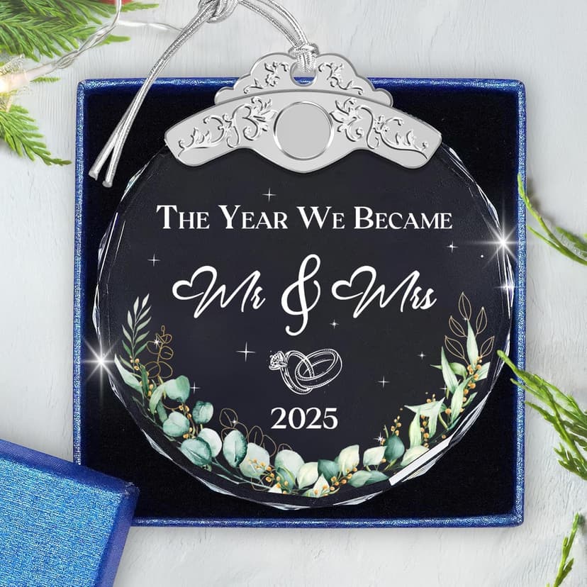 Glass Ornament - Mr & Mrs 2025 Wreath Leaf Wedding Ornaments - Newlywed Gifts for Couples 2025 - Couple Ornament for Bride and Groom - Elegant Engagement Keepsake for Christmas Tree Décor