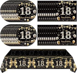 41Pcs 18th Birthday Decorations for Boy Girls, Black Gold 18 Year Old Happy Birthday Girl Decorations include Plates Napkins Tablecloth for Official Teenager 18th Birth Party