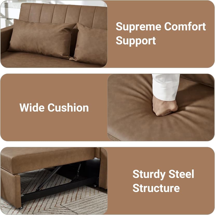 N NOORDENIYA 55'' Leather Sofa Bed, Pull Out Sleeper Sofa Couch Bed, Loveseat Sleeper, Futon Sofa Couch with Side Pocket, Convertible Sofa Bed for Living Room, Apartment, Bedroom, RV, Brown
