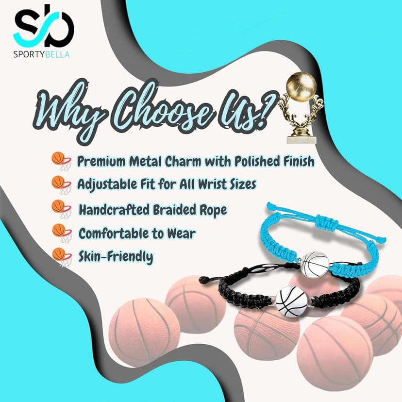Sportybella Unisex Basketball Charm Bracelet - Adjustable Friendship Bracelet With Basketball Charm