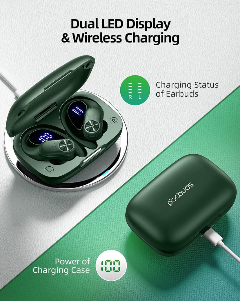 PocBuds Bluetooth Headphones Wireless Earbuds 80hrs Playtime Wireless Charging Case Digital Display Sports Ear Buds with Earhook Deep Bass IPX7 Waterproof Over-Ear Earphones for TV Phone Laptop Olive