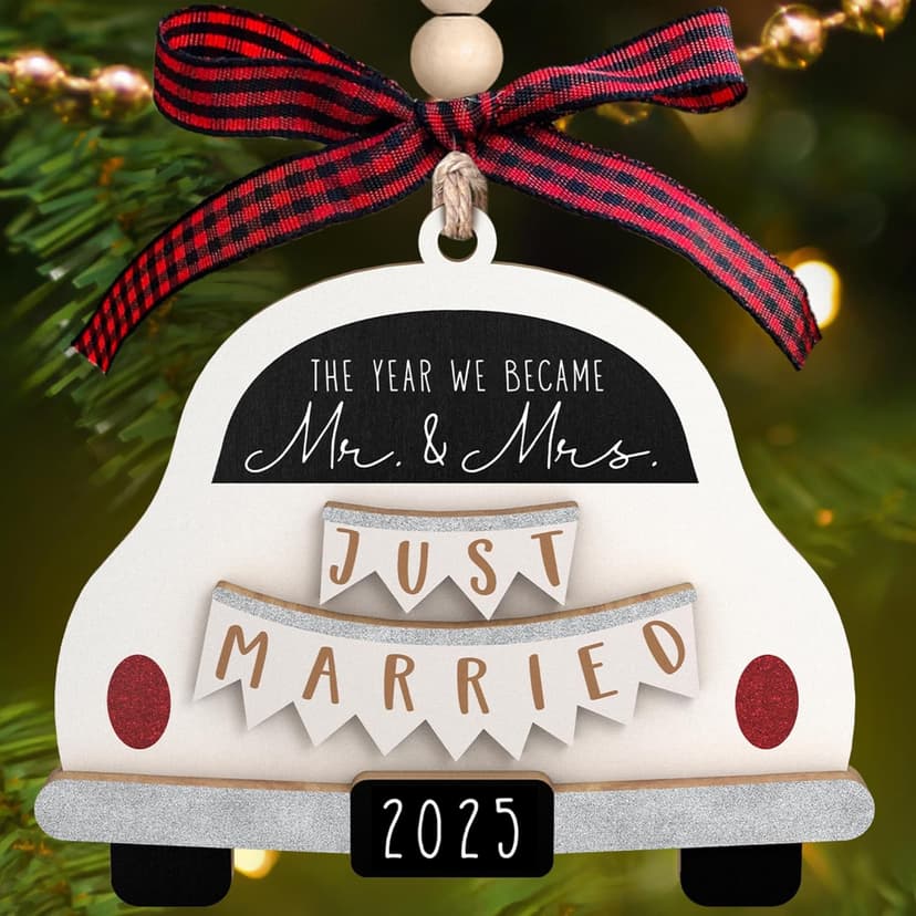 Pawzity Wedding Gifts - Mr and Mrs Gifts - Wedding Gift for Couples 2025, Bride - First Christmas Married Ornament 2025 - Bridal Shower Bride Gift for Newlywed - Wood Married Ornament​