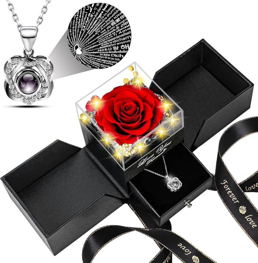 Preserved Red Real Rose with Heart I Love You Necklace -Eternal Flowers Rose Birthday Gifts for Women Her Mom Wife Girlfriend Grandma on Valentines Mothers Day Christmas Anniversary Romantic-Red