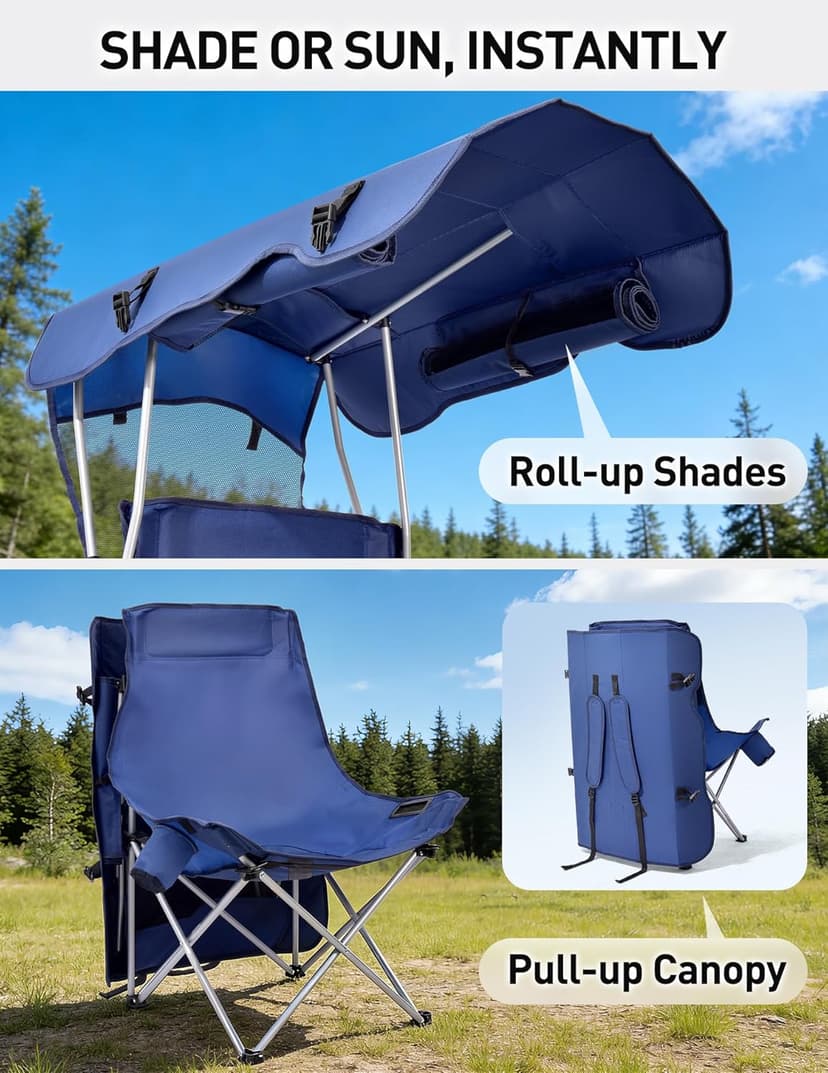 East Oak Oversized Camping Chair with Canopy | 400 LBS Heavy Duty Folding Beach Chair with Canopy Shade, Roomy Seat, Full Sun Protection, Ample Storage | Canopy Chair for Outdoors