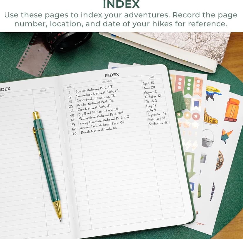 Travel & camping diary, nature adventure record book, 5.8 x 8.3 in eco leather notebook, gift for hikers & campers Clever Fox Hiking Journal for Women & Men, Trail Log Book, Forest Green B0DWSW8XN7