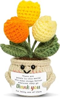 OASSIE Thank You Gifts for Women - Mini Handmade Positive Tulip Flowers Crochet with Message Card - Christmas Birthday Farewell Employee Appreciation Gifts for Coworkers, Emotional Support Crochet