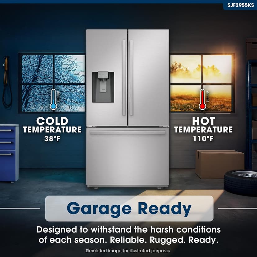 Sharp SJF2955KS 28.9 cu. ft., 3-door French Door Refrigerator, Ice/Water Dispenser, Advanced Cooling Plus System, Chill-Boost & Freezer-Boost, Automatic Dual Ice Maker Garage Ready, Stainless Steel