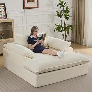 WUTUTUEE 69" Oversized Chaise Lounge Chair Indoor, No Assembly Beige Lounge Couch, Chenille Upholstered Sofa Bed with Pockets, Oversized Reading Chair with Ottoman for Living Room, Bedroom, Office