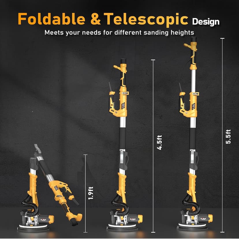 GEVEELIFE Drywall Sander, 880W Popcorn Ceiling Removal Tool, Drywall Sander with Vacuum Dust Collector, 5 Variable Speed 1000-2100RPM, LED Light, Foldable & Extendable Handle, 12 Sanding Discs