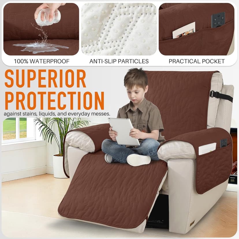 100% Waterproof Recliner Chair Covers,Non-Slip Chair Cover Dog Furniture Protector Recliner Covers Washable Slipcover with Pocket,Elastic Straps for Pets,Dogs,28",Coffee