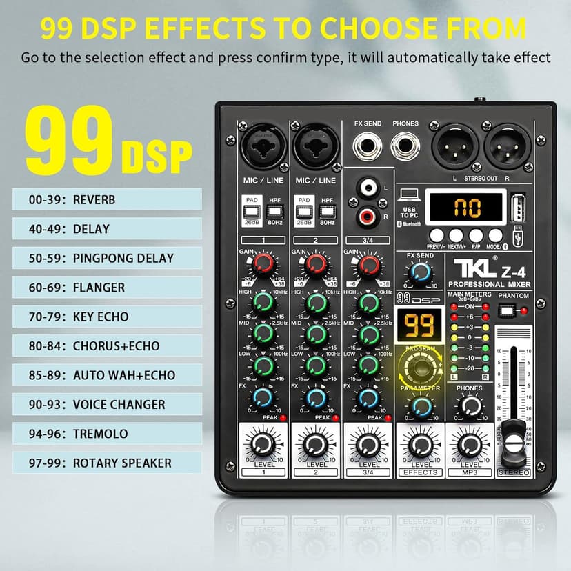 TKLBLS 4 Channel Audio Mixer, Professional DJ Mixer Sound Board Mixing Console with 99-Bit DSP Effect, Bluetooth USB Interface Stereo Mixer Board with 48V Phantom Power For Recording Live Stream