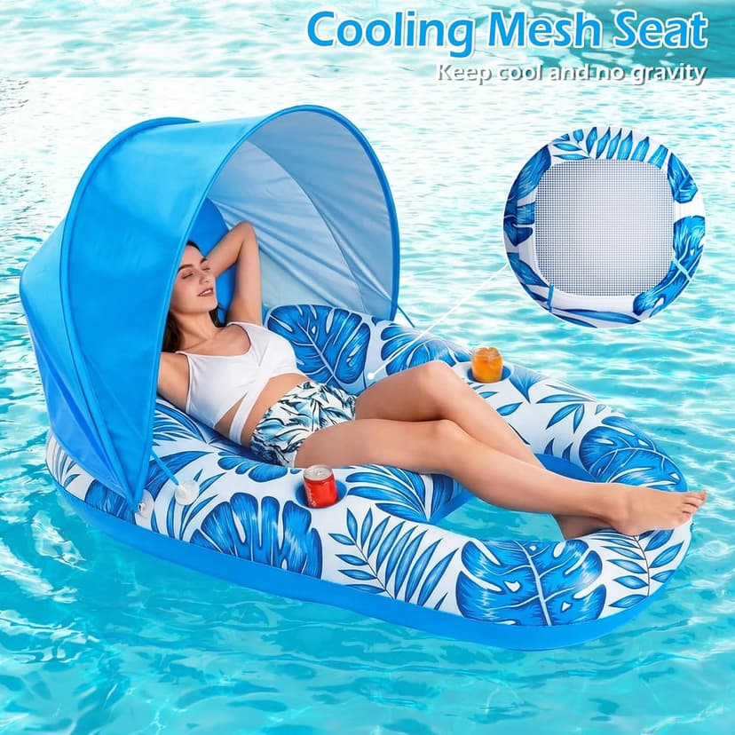Jasonwell Pool Float with Canopy - Inflatable Pool Floaties Adult Lounger Floats Raft Floating Chair with Cup Holders for Swimming Pool Lake Water Lounge Float Beach Pool Party Toys for Adults