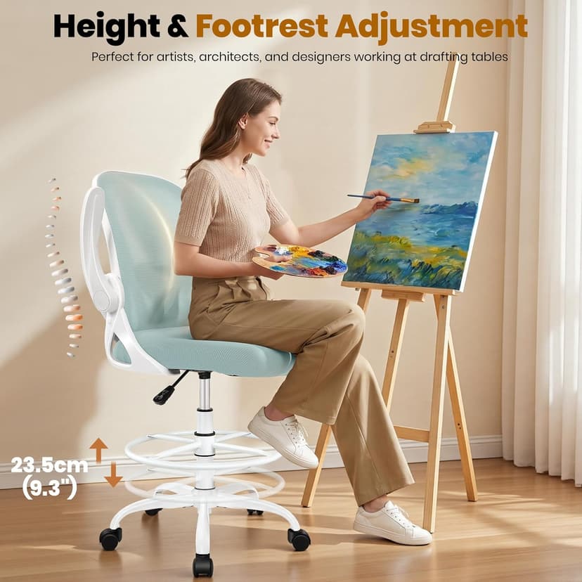 Primy Drafting Chair Tall Office Chair with Flip-up Armrests Executive Ergonomic Computer Standing Desk Chair with Lumbar Support and Adjustable Footrest Ring（Light Blue）