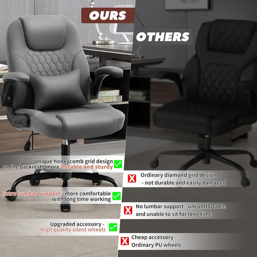 Executive Office Chair PU,Leather Office Chair with Wheels,360° Swivel Rolling Chair with Padded Arms,Ergonomic Computer Chair with Lumbar Support for Short People Use (Grey)
