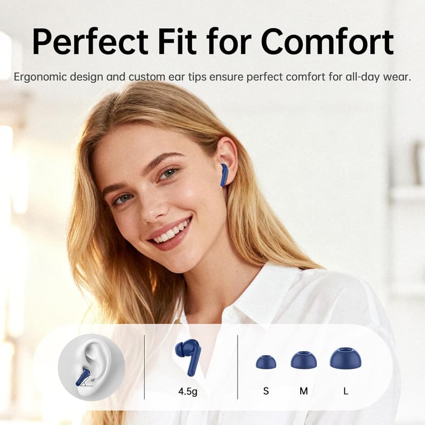 xinwld Adaptive Hybrid Active Noise Canceling 2026 Wireless Earbuds, 6 Mics ENC Clear Call Ear Buds, Hi-Res Audio Deep Bass Bluetooth 5.4 Headphones, 40H Playtime, Wireless Charging, LED, USB-C, Blue