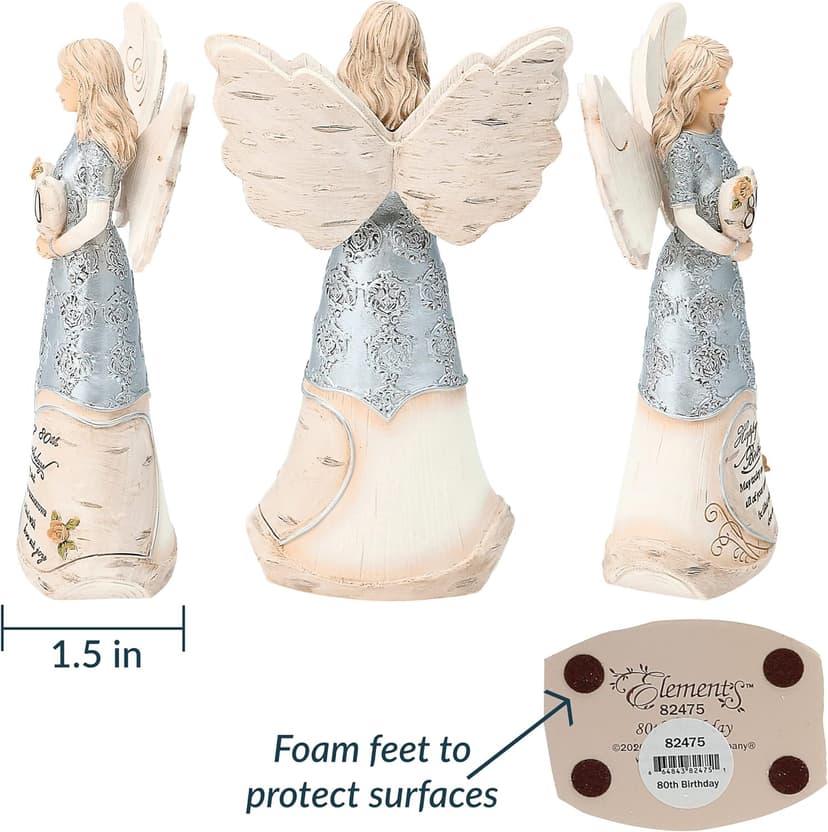 Pavilion 'Happy 80th Birthday' 82475 Elements Angels - Polyresin Birthday Angel Figurine - Silver Hand-Painted Remembrance and Keepsake Gift Angel for Grandmothers, Mothers, Aunts, Friends, Women