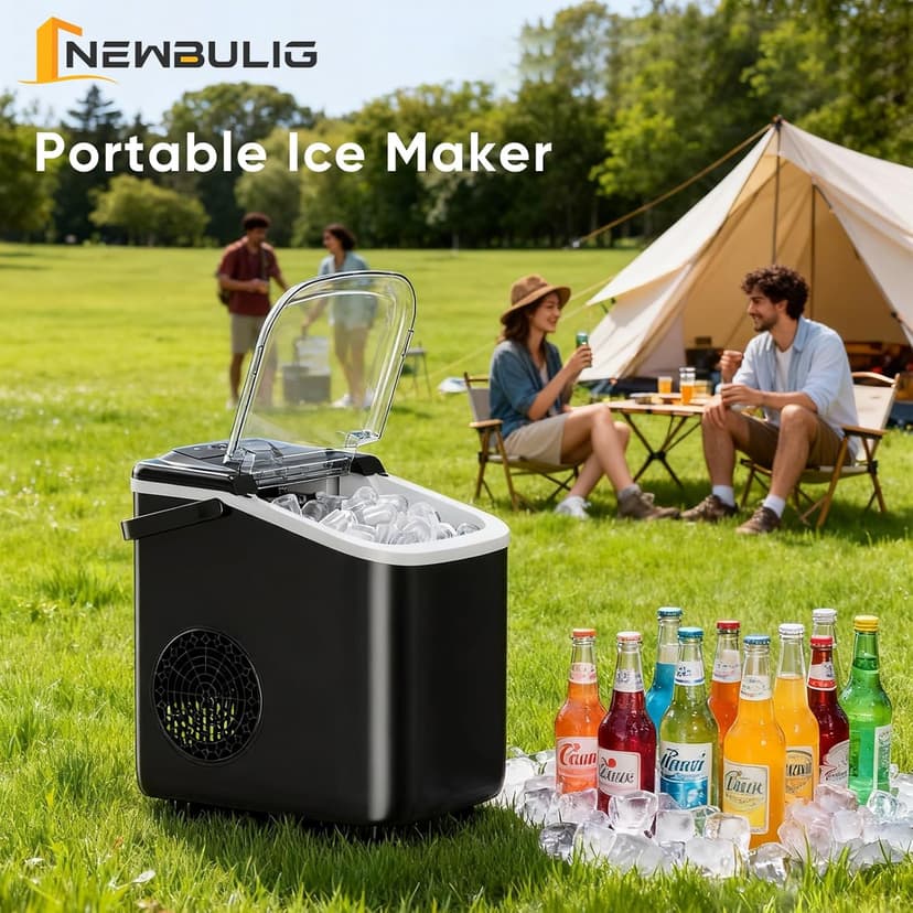 NEWBULIG Ice Maker, Countertop Ice Machine with Handle, 9 Bullet Cubes in 6~8 Mins, 26lbs Daily, Self-Cleaning with Basket and Scoop for Home/Kitchen/Camping/RV