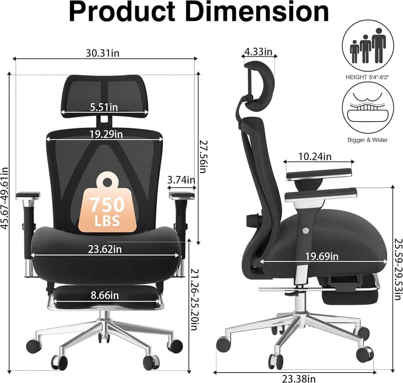 750lbs Big and Tall Office Chair with Wide Thick Seat Cushion,Ergonomic Mesh Office Chairs for Heavy People,Computer Desk Chair with 4D Armrests,Adjustable Lumbar Support for Long Hours Daliy Work