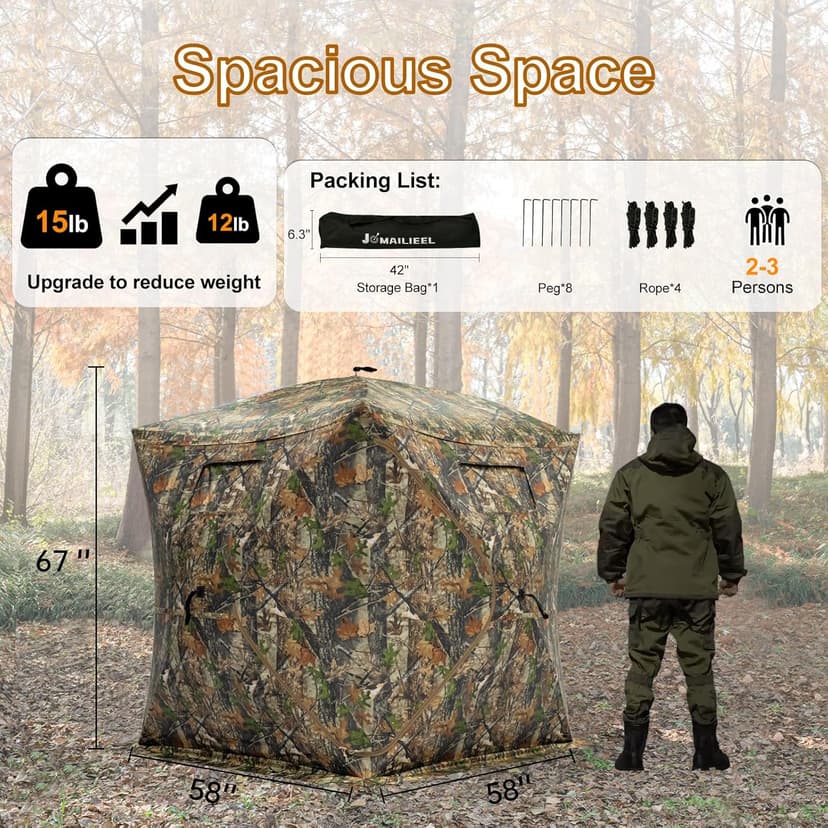 Hunting Blind - 2-3 Person & 3-4 Person 360 Degree See Through Ground Blinds for Hunting Deer and Turkey, Pop Up Deer Blind with Diamond-Shaped Door, Mud Flap, Portable Carry Bag