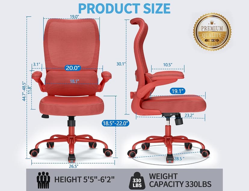 TRALT Ergonomic Office Chair - Desk Chair with Wave High Back Adjustable Lumbar Support Computer Chair - Gaming Chairs Mesh Backrest and PU Leather Seat (RED)