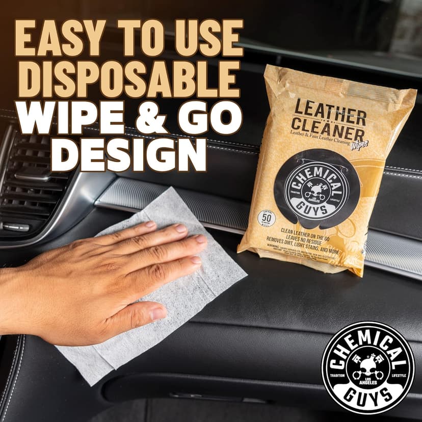 Chemical Guys Leather Cleaner Wipes Mega 50 Pack - Interior Leather Wipes for Cars, Natural, Synthetic, Faux & Pleather Surfaces, Safe for Cars, Trucks, Furniture, Boots & More, Convenient 50 Count