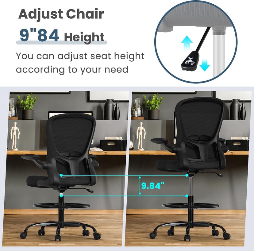 Drafting Chair, Tall Office Chair with Flip-up Armrests Executive Ergonomic Computer Standing Desk Chair, Office Drafting Chair with Lumbar Support and Adjustable Footrest Ring