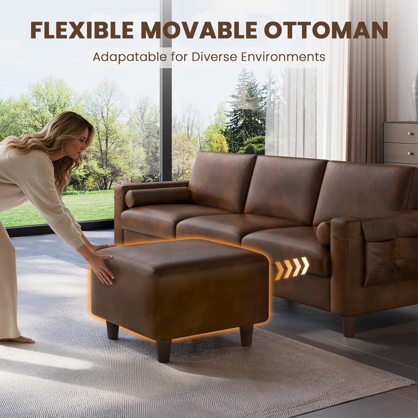 Vesgantti 100" PU Faux Leather Sofa with Movable Ottoman, 3 Seater L Shaped Leather Sectional Couch with Side Pocket, Comfy Mid Century Modern Modular Couch for Living Room, Apartment, Cocoa