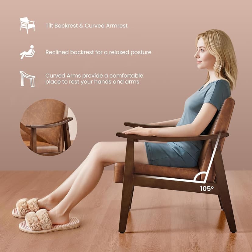 Yaheetech PU Leather Accent Chair, Mid-Century Modern Armchair with Solid Wood Legs, Reading Leisure Chair with High Back for Living Room Bedroom Waiting Room, Brown