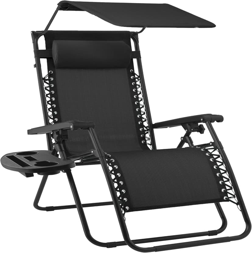 Best Choice Products 30” Wide Folding Zero Gravity Outdoor Recliner Patio Lounge Chair w/Adjustable Canopy Shade, Headrest, Side Accessory Tray - Black