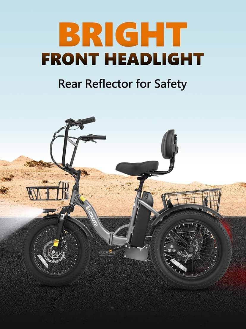 T300 Adults Electric Trike Bike, 1200W Peak Motor & 624Wh Removable Battery,18x3.0 Fat Tire Foldable 3-Wheel E-Bike with Step-Thru Design, Up to 65 Miles, Gift for Parents