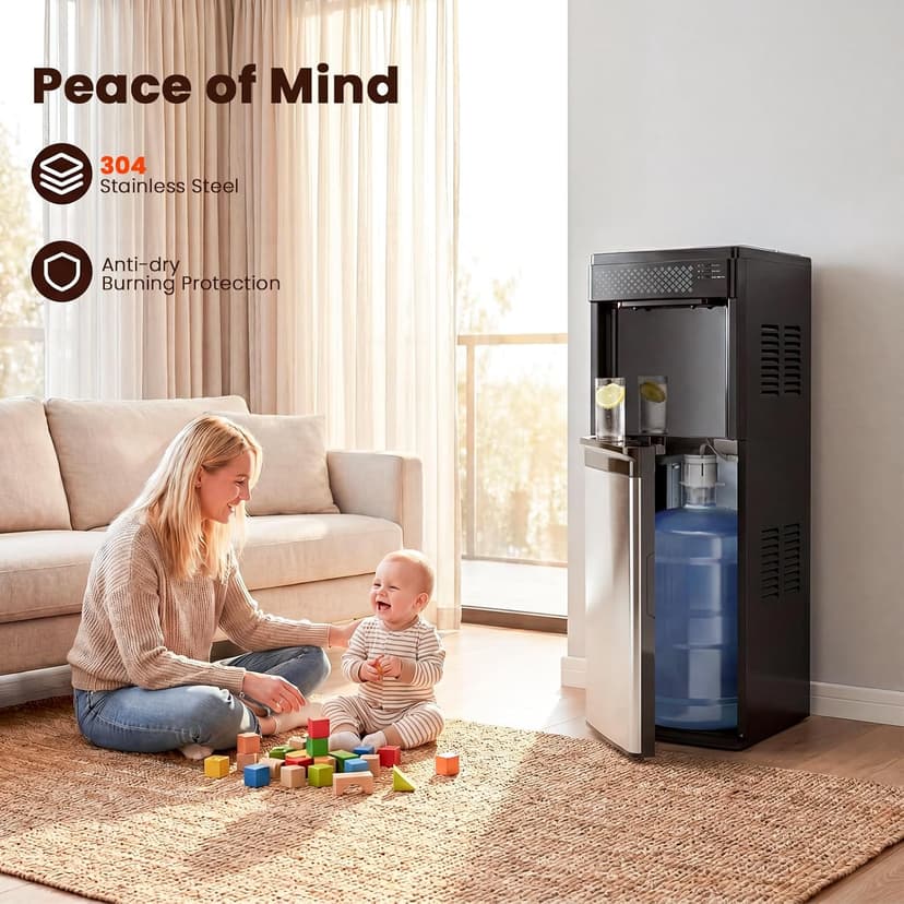 3 in 1 Water Cooler Dispenser with Ice Maker, Bottom-Loading Water Cooler Hot and Cold for Home & Office, 33lbs/24H Bullet Ice, Top Loading 3-5 Gallon, Child Safety Lock, Ice Ready in 7 Mins