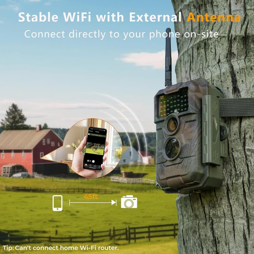 GardePro E6 WiFi Trail Camera (Non-Cellular), Stable WiFi with External Antenna, On-Site App Viewing, 64MP 1296P HD, No-Glow Night Vision, Motion Activated Waterproof Game Camera