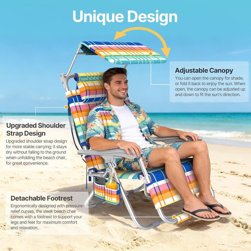 Suteck Zero Gravity Beach Chair with Canopy, Backpack Beach Chairs for Adults, Lightweight Adjustable Reclining Beach Chair with Shade, Folding Lay Flat Chair for Beach Poolside Outdoor