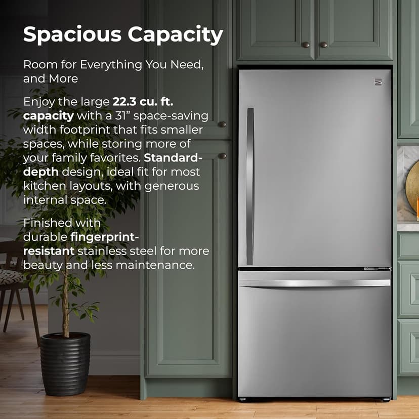 Kenmore 31" Bottom Freezer Refrigerator - Ice Maker, Adjustable Shelving, Crispers Drawers, LED Lighting, ENERGY STAR Certified, 22.3 cu. ft. Capacity, Fingerprint Resistant Stainless Steel