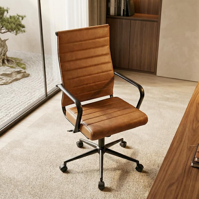 Okeysen Leather Office Desk Chair, Mid-Century Modern Leather Conference Room Chairs, Ergonomic Executive Ribbed Height Adjustable Swivel Rolling Chair for Home Office.