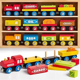 Montessori Wooden Train Toy Set for Kids, 12PCS Magnetic Train Cars with Storage Gift Box, STEM Educational Toy for Boys & Girls, Ages 2-8 Years, Christmas Birthday Party Gift