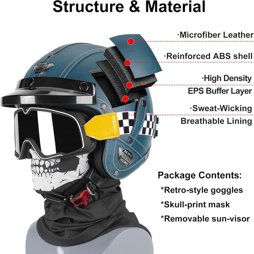 Handmade Leather 3/4 Open Face Motorcycle Helmet Retro Vintage Style DOT Approved Adult Half Helmet for Men Women Motorbike Moped Cruiser Scooter