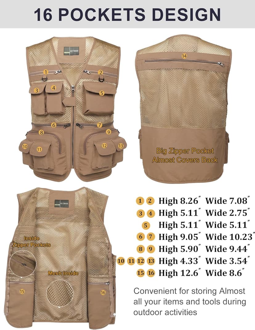 Flygo Men's Fishing Vest Utility Lightweight Outdoor Travel Safari Photo Cargo Vest with 16 Pockets