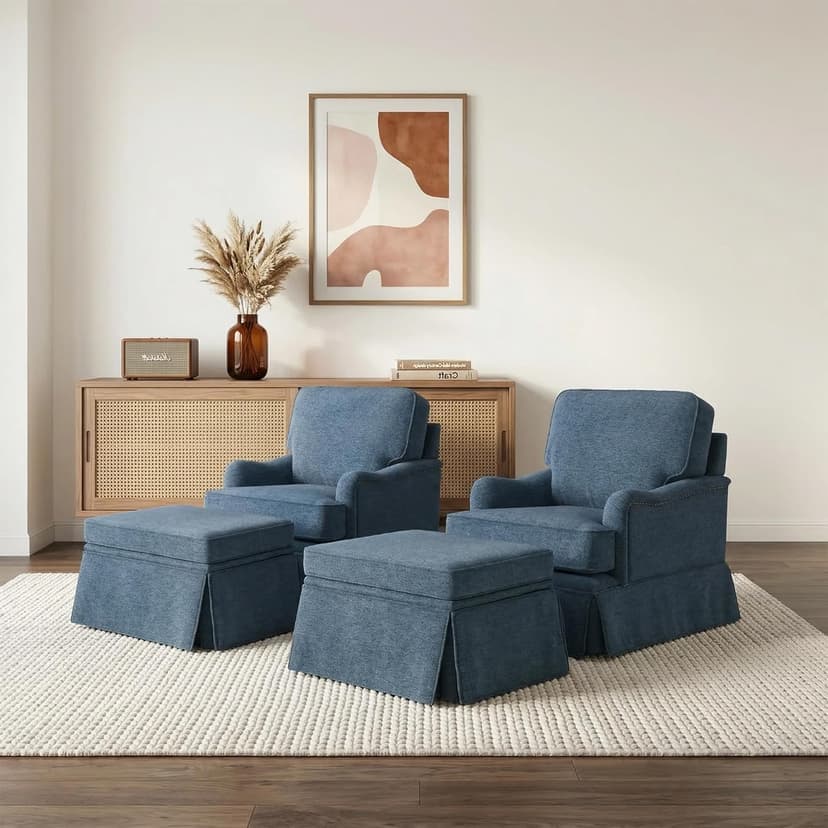 Swivel Accent Chair with Storage Ottoman Set of 2, Comfy Modern Upholstered Chenille Reading Armchair for Living Room, Bedroom, Office, Chenille Navy