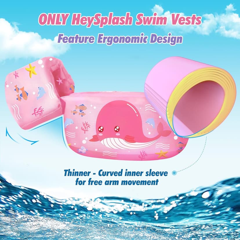 HeySplash Swim Vest for Kids, Toddler Pool Floaties, Children Swimming Vest with Adjustable Strap, Swim Jacket Water Wing Arm Float, Puddle Sea Beach Boat Jumper Boy Girl Baby