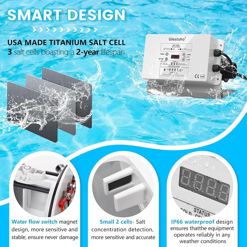 WiFi Salt Chlorine Generator, Westaho Salt Chlorination System with USA Titanium Cell, Real-Time Monitoring & App Control, for Above Ground Pools Up to 15,000 Gallons, Compatible with Intex Pool