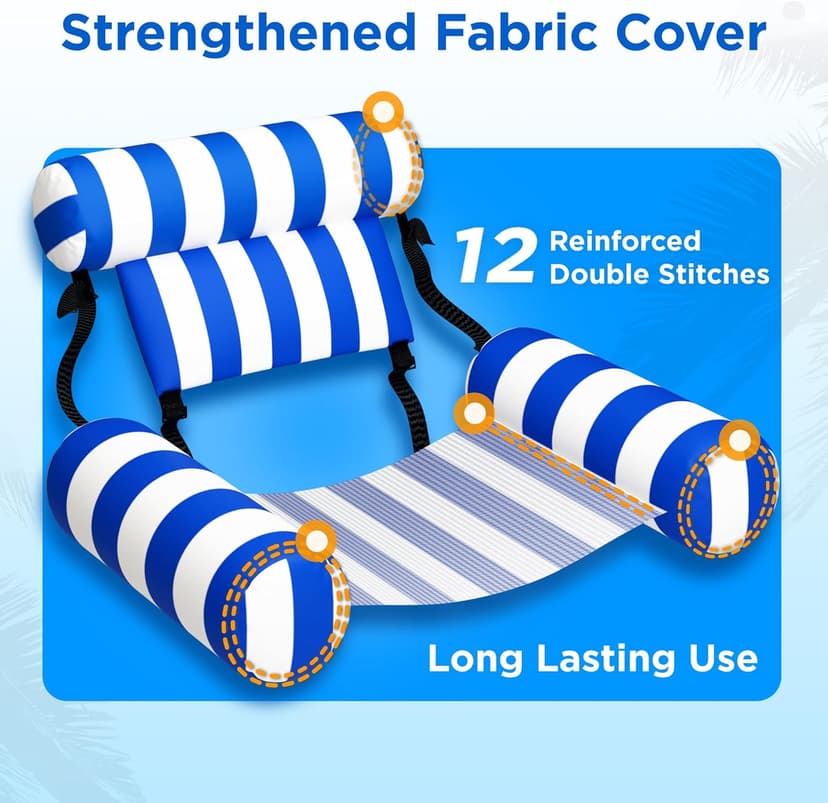 Funscape Pool Floats Chairs Adult, 2 Packs Heavy Duty Inflatable Swimming Pool Lounges, Fabric Floating Hammock Seat, Kid Blow Pool Noodle Lake Raft Floaties, Fun Summer Beach Water Party Game-Stripe
