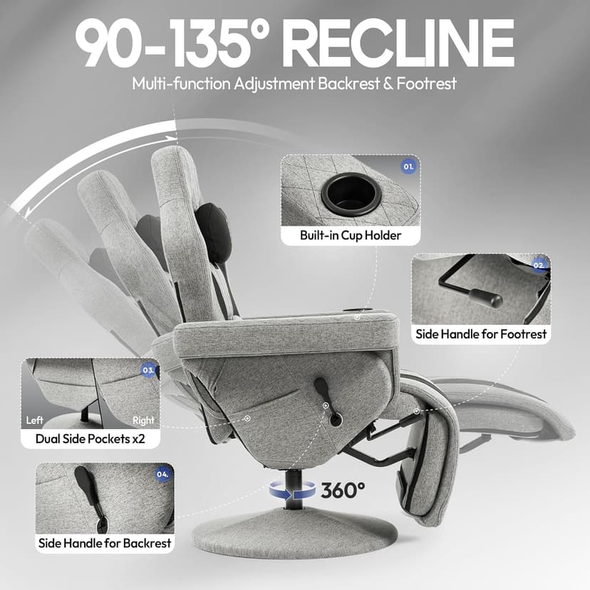 Dowinx Racing Style Gaming Recliner Chair with Massage Lumbar Support, Footrest, Cup Holder, Side Pouch, High Back Ergonomic Video Game Chair Reclining No Wheels Heavy Duty, Fabric Gray
