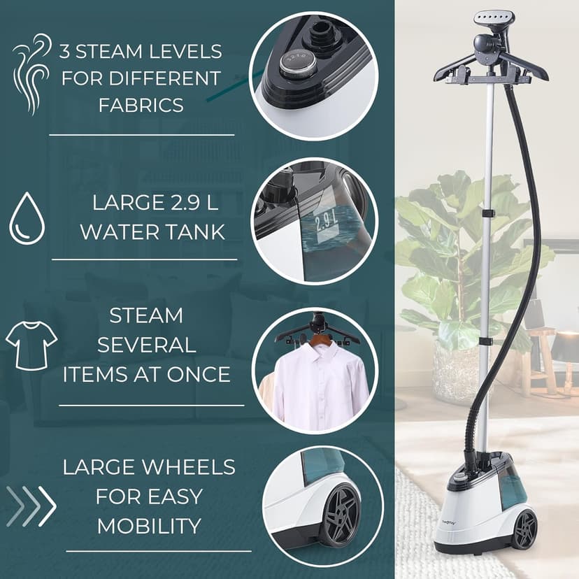 True & Tidy® Heavy Duty Auto Shut-off Commercial Full-Size Garment Steamer, Smart Water Sensor with Beep Alert, 3 Steam Settings, XL 2.9L Tank, 1800 watts, 90+min of Continuous Steam (White, Smart)