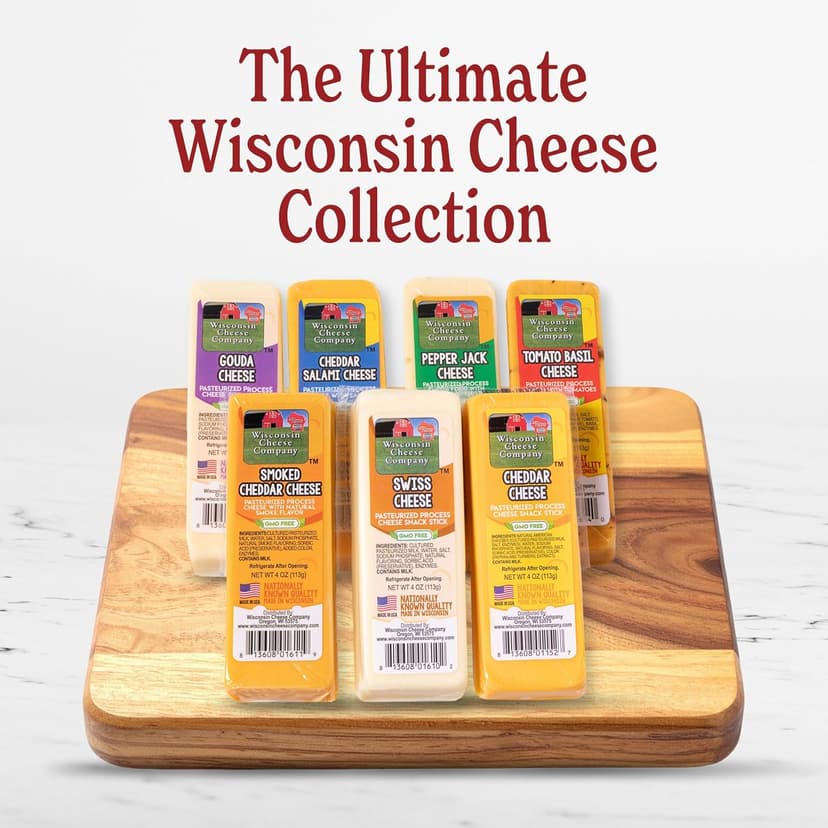 Wisconsin Cheese Company - Specialty 100% Wisconsin Cheese Block Assortment Sampler - (Pack of 7 Blocks) Cheddar, Pepper Jack, Swiss, Gouda, Salami, Smoked Cheddar & Tomato Basil | Locally Sourced | Perfect for Parties, Charcuterie Boards and Birthday Gifts | Great Birthday Gift for Cheese Lovers