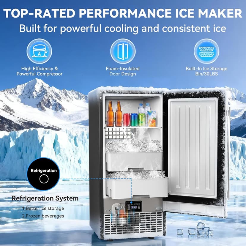SOZT® Under Counter Ice Maker with Refrigerator Function, 120LBS/24H Commercial Ice Machine, No-Melt Ice Storage, 24H Timer & Self-Cleaning, Built-in/Freestanding for Home Bar Cafe Restaurant