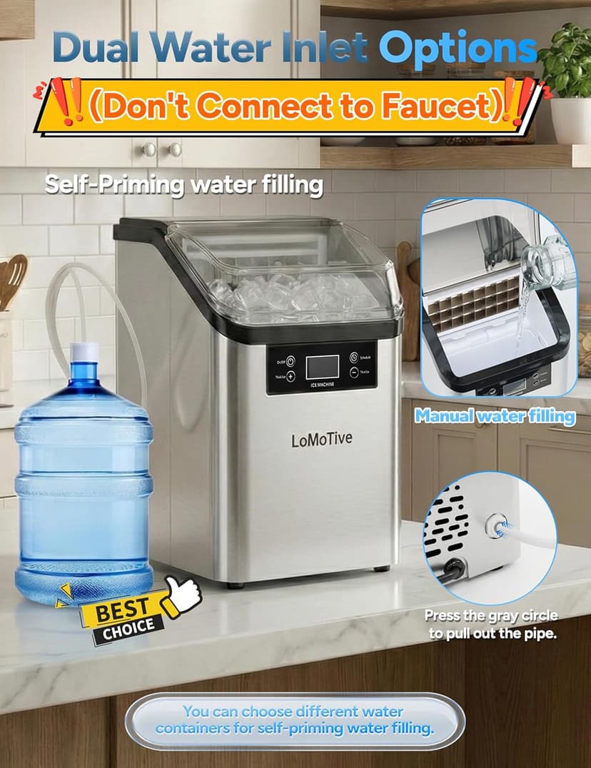 Countertop Ice Maker, 45Lbs/Day Clear Ice Cube Maker with Self-Priming Water Supply, 24 Cubes Ready in 13 Mins, 6 Ice Thickness Levels, Stainless Steel Ice Maker Machine for Home Kitchen Office Bar
